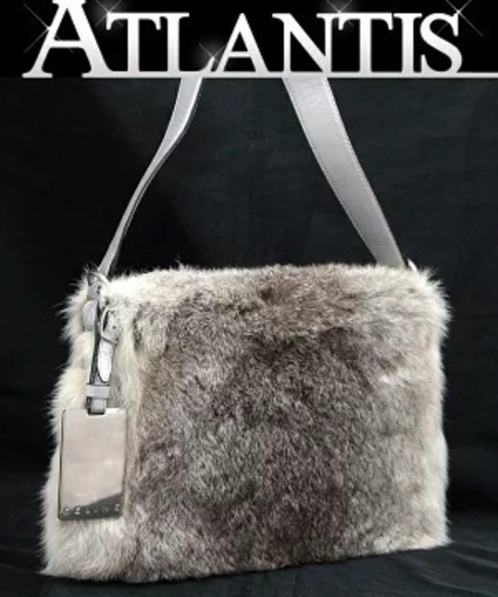 Celine shoulder bag rabbit fur leather gray silver